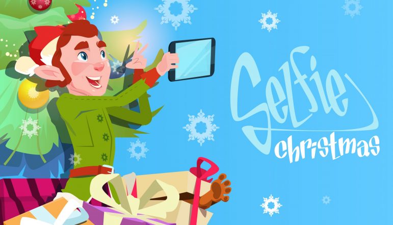 Santa Claus Helper Green Elf Making Selfie Photo, New Year Christmas Holiday Greeting Card Flat Vector Illustration